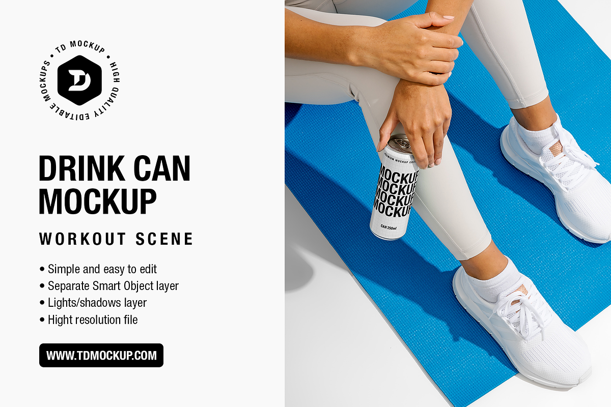 Drink Can Mockup - Workout Scene, a Packaging Mockup by TD Mockup (Photo 1 of 2)