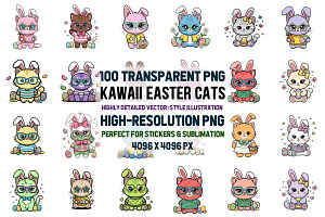 100 Kawaii Easter Cat Clipart Bundle