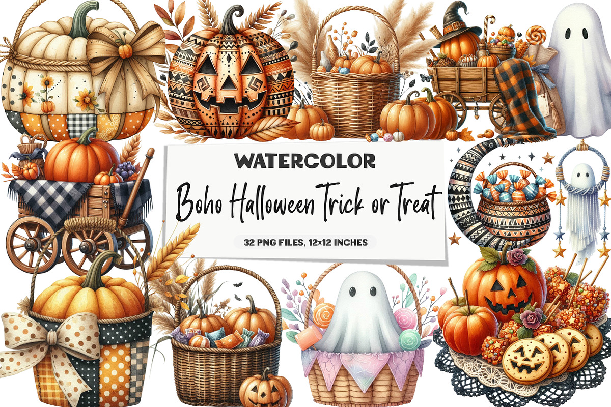 Boho Halloween Trick or Treat Clipar, an Illustration by DreamArtGraphic (Photo 1 of 4)