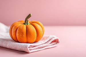 Colorful pumpkin placed on a soft cloth against a pastel pink backdrop, a Holiday Photo by AlyaAnd