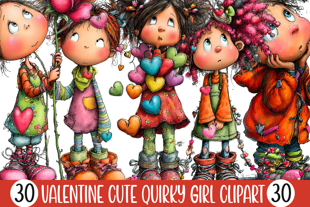 Valentine Cute Quirky Girl Clipart, an Illustration by Designking (Photo 1 of 5)