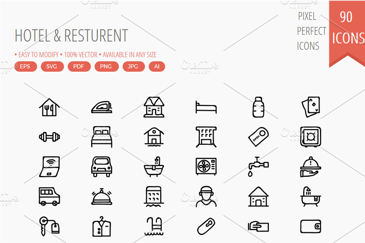 50+ Hotel & Resturent Hand Drawn, an Icon by Dinosoftlabs (Photo 1 of 2)