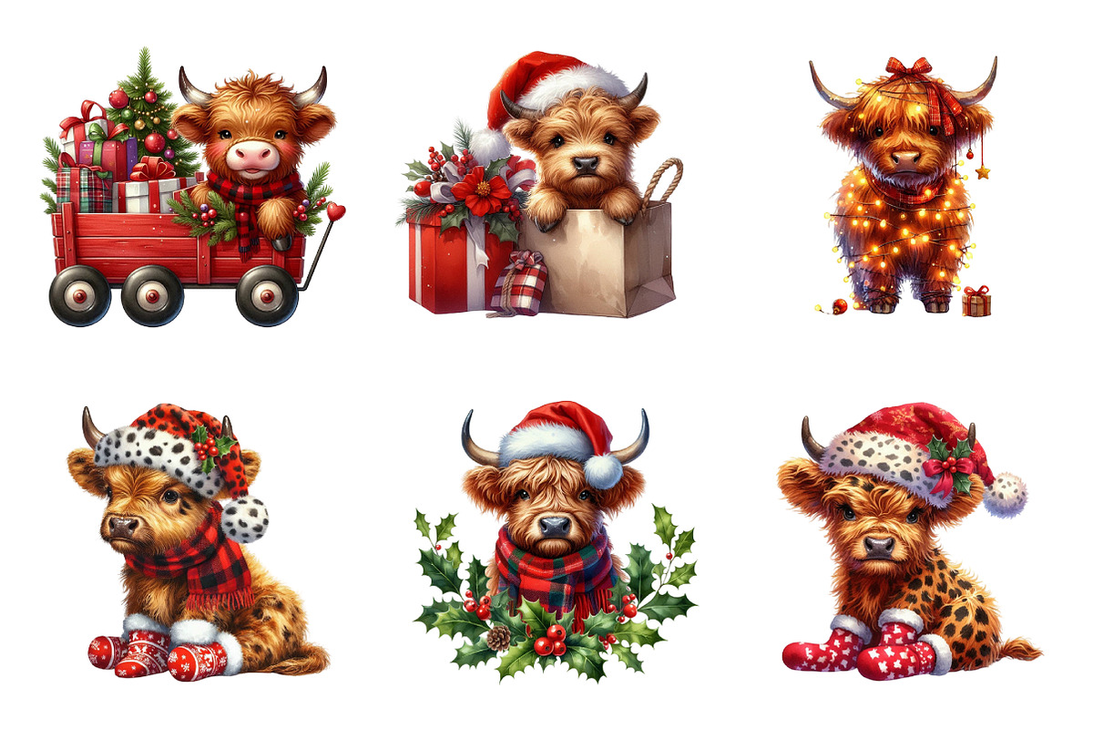 Cute Christmas Highland Cow Clipart, an Illustration by SinaCreation (Photo 5 of 7)