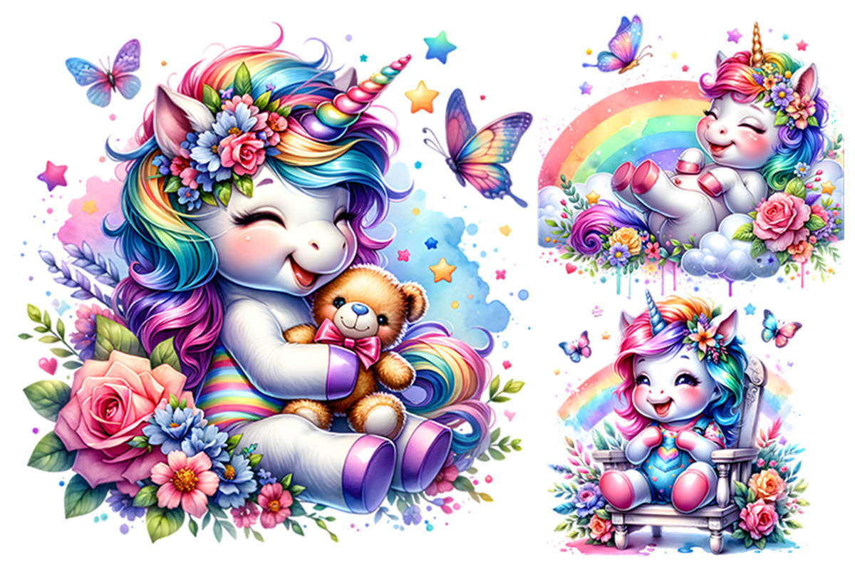 Watercolor Cute Unicorn Clipart PNG, an Animal Illustration by Creative Arslan (Photo 5 of 9)