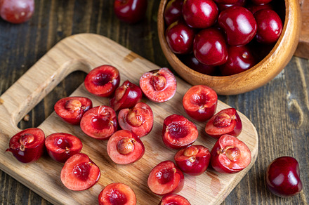 Sweet fresh cherries with other products, a Photo by MyPhotos