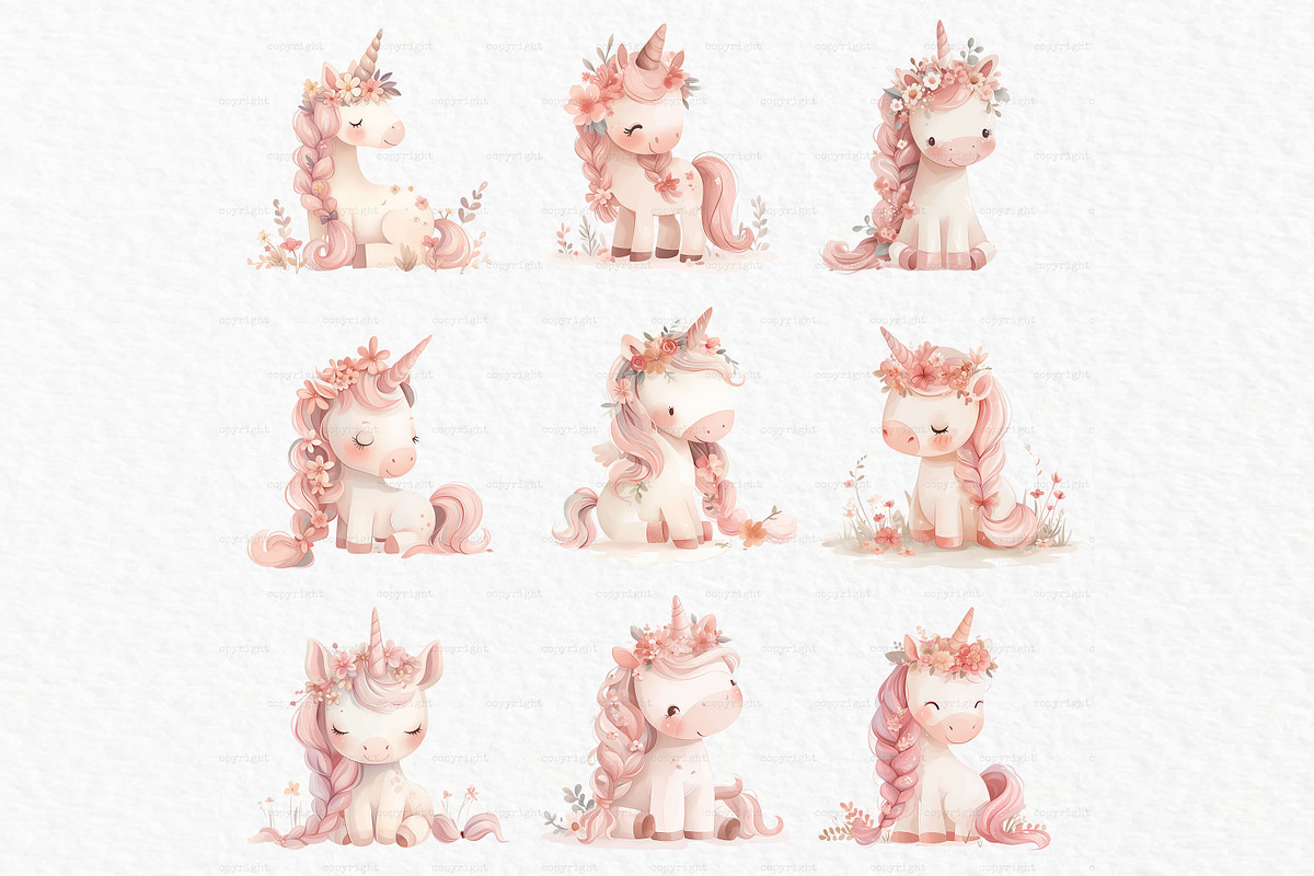 Pink unicorn watercolor clipart PNG, an Animal Illustration by MyLittleMeow (Photo 3 of 5)