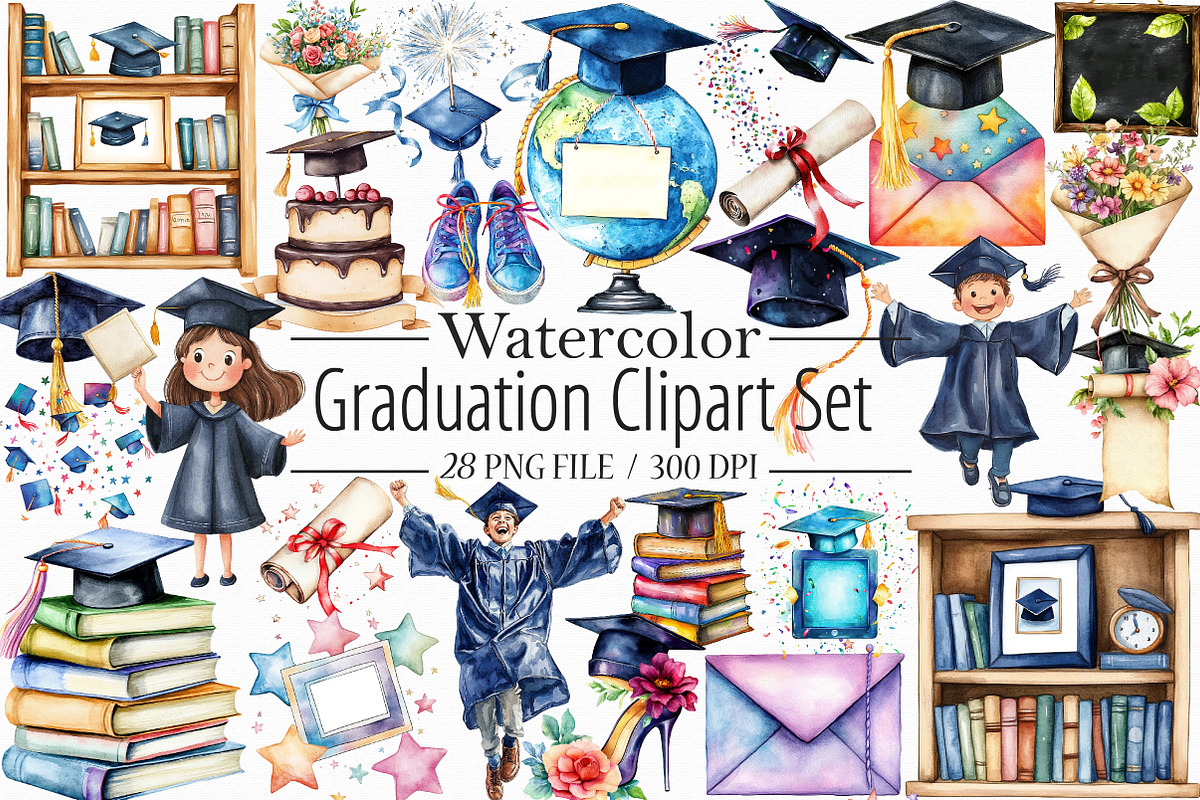 Watercolor Graduation Clipart Set, an Illustration by Libby Wishes (Photo 1 of 7)