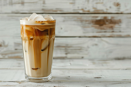 Glass of iced coffee on wooden background, a Food & Drink Photo by AlyaAnd