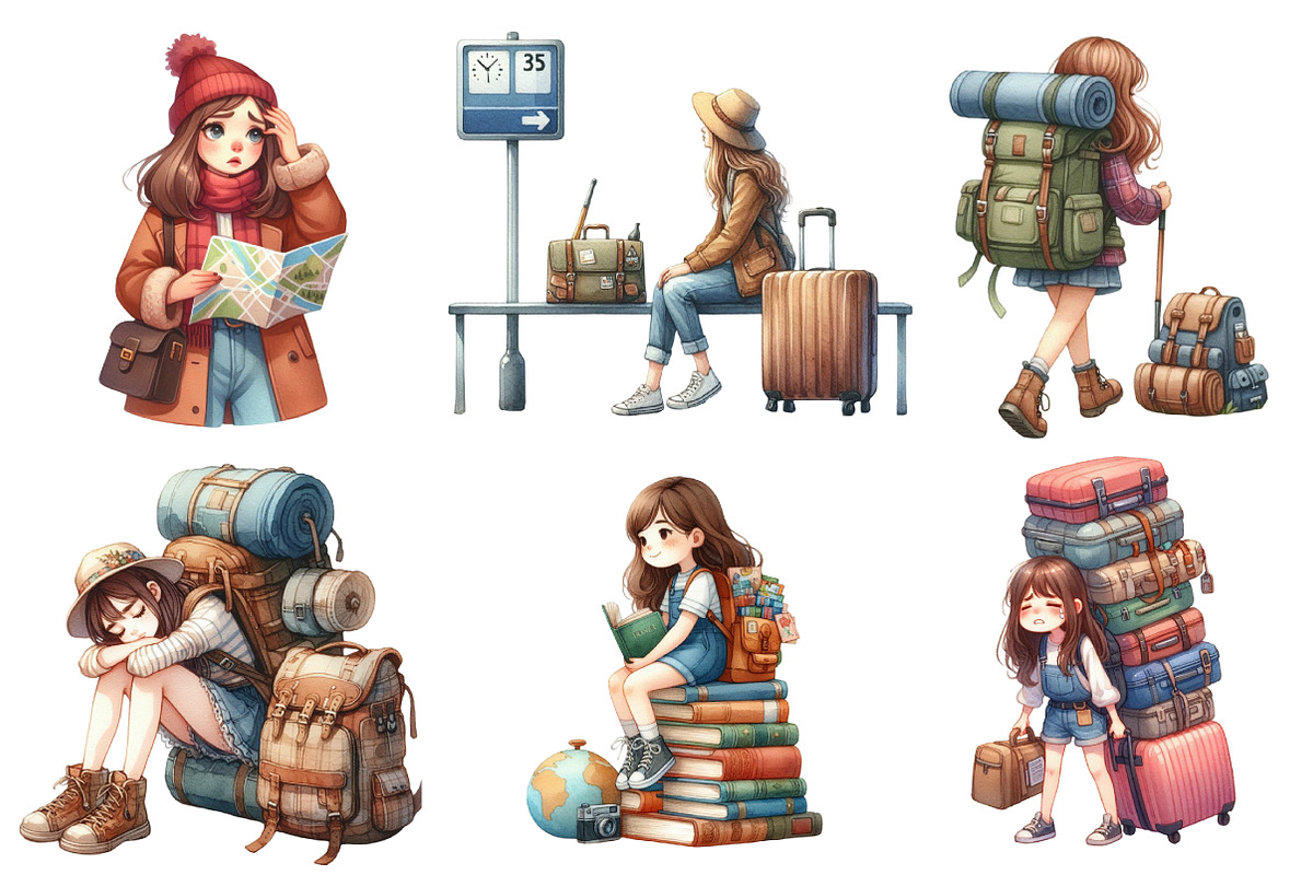 Traveler Girl Clipart Bundle, an Illustration by Designworld (Photo 2 of 6)