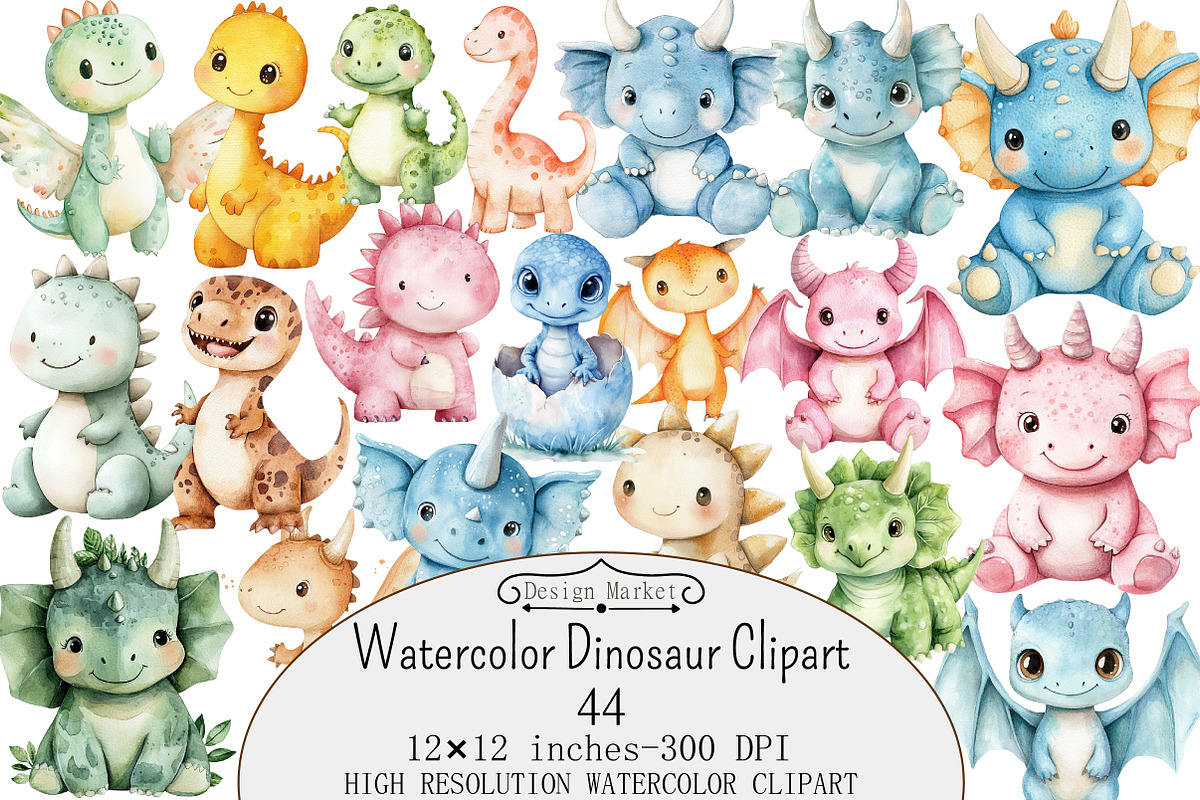 Watercolor Dinosaur Clipart, a Seasonal Illustration by Design Market (Photo 1 of 5)