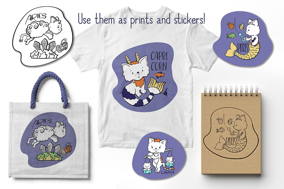 Zodiac Sign Cute Cat Vector Stickers, an Animal Illustration by RabbitAndPencil (Photo 3 of 3)