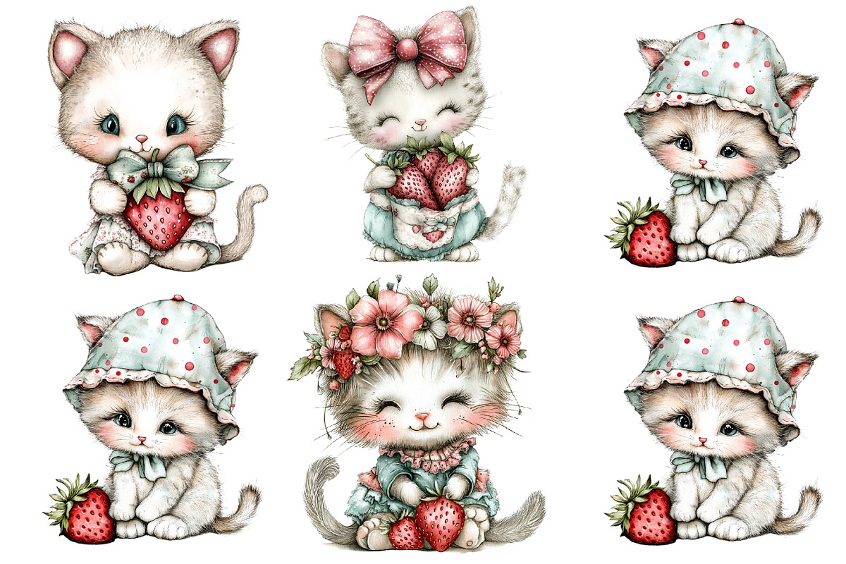 Whimsical Strawberry Cats Clipart, a Seasonal Illustration by CitraGraphics (Photo 4 of 6)