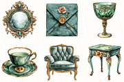 Watercolor Emerald Victorian Clipart, an Illustration by OK Design (Thumbnail 2 of 5)