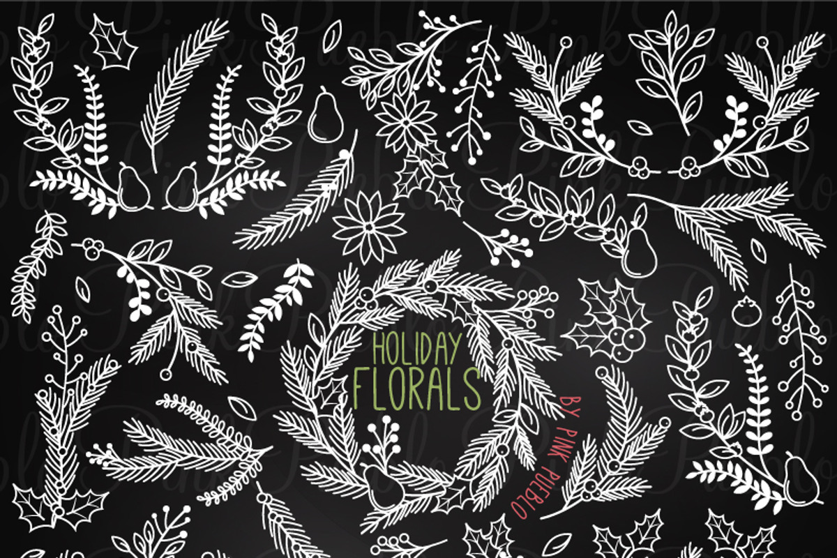 Chalkboard Christmas Holiday Florals, a Decorative Illustration by PinkPueblo