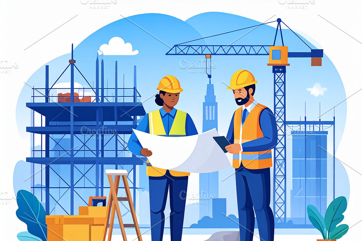 Two construction workers reviewing blueprint at construction sit, a Work Illustration by DanFLCreativo