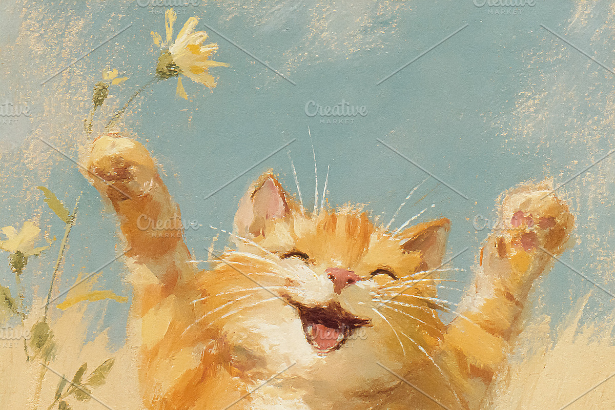 Happy ginger kitten jumping in a golden meadow, playing with a f, an Illustration by Studio ANNA