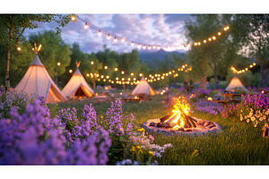 Cozy campfire scene with tents and, a Nature Photo by Lermont51