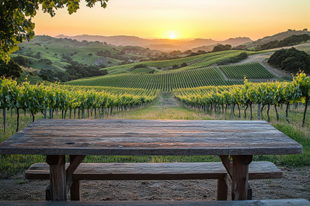 Wooden picnic table overlooking vine, a Background Photo by Pixeness