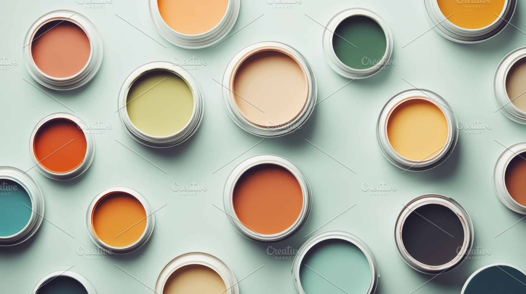 Paint Cans with Blue and Orange Color Swatches in Flat Lay, an Abstract Photo by Natalia Klenova's Shop