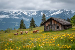 Cows grazing in mountain view, a Photo by Beautiful things