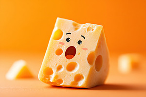 Funny cheese with a surprised face and a tiny bite against a bright orange back, a Food & Drink Photo by AlyaAnd
