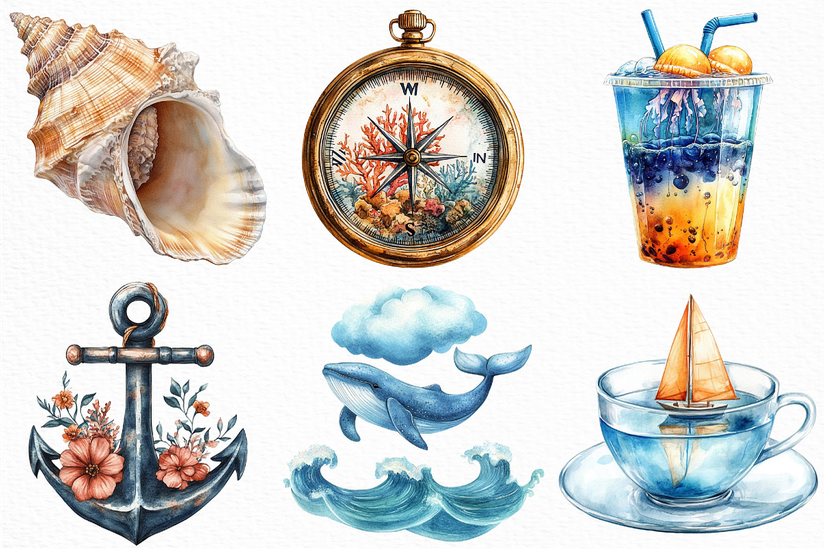 Watercolor Ocean Lover Clipart, an Illustration by Craft Nest (Photo 3 of 6)