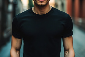 Handsome man wearing a black t-shirt, a Photo by Pavel_design