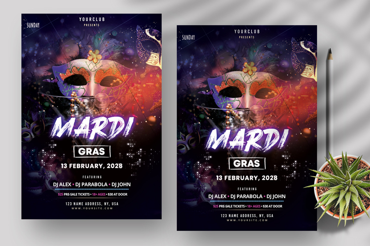 Mardi Gras Party Night Flyer (PSD), a Flyer Template by PixelsDesign (Photo 1 of 2)