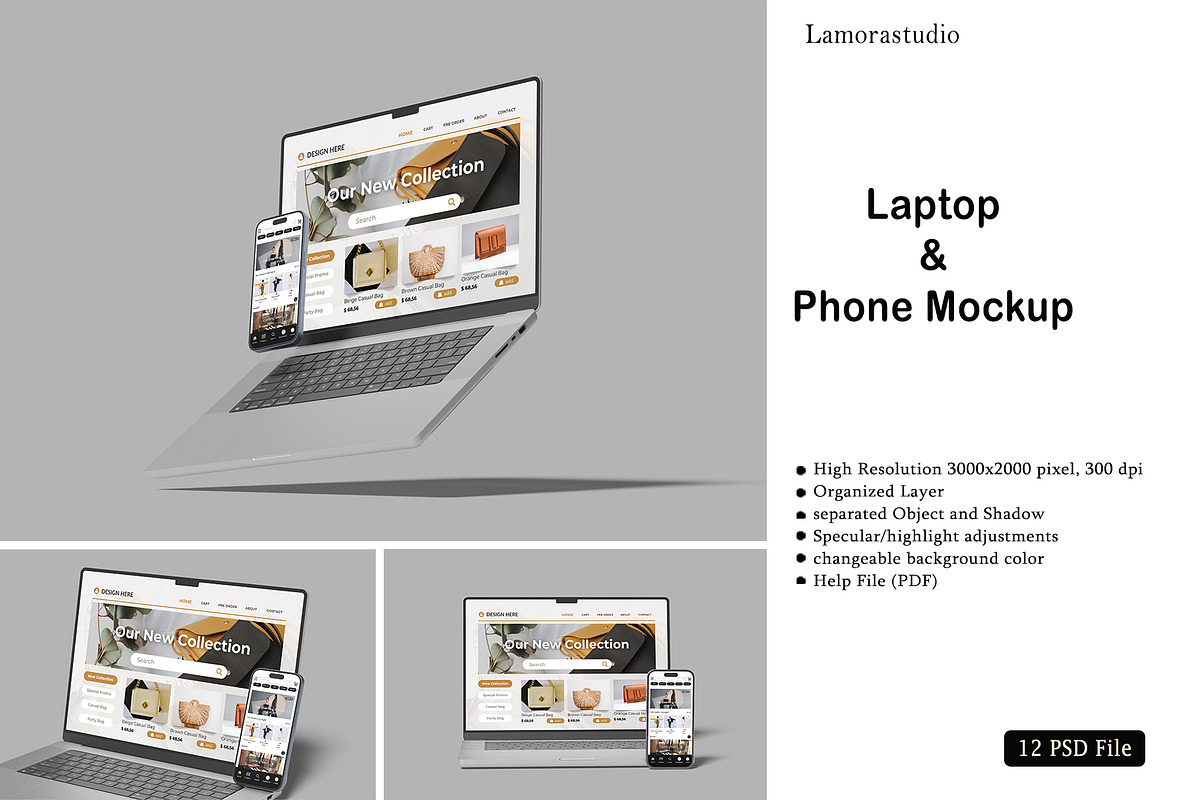 Phone and Laptop Mockup, a Device Mockup by lamorastudio (Photo 1 of 13)