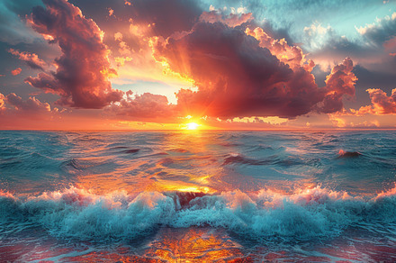 Vibrant sunset over ocean with dramatic clouds and crashing waves, a Photo by AS photostudio