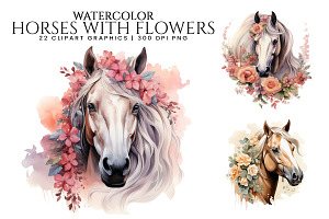 Watercolor Flower Horses Clipart