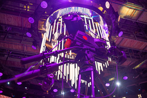 Professional broadcasting video camera on tripod with purple neo, a Photo by Pictures for you!!!!!!!!!