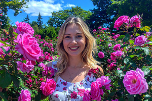Happy woman standing behind pink rose bushes, a Person Photo by DanFLCreativo