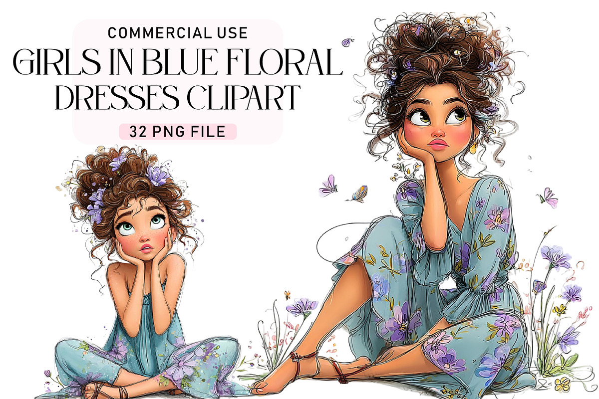 Girls in Blue Floral Dresses Clipart, a Seasonal Illustration by Daily.Designs (Photo 1 of 3)