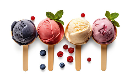 Sweet ice cream balls in spoons with berries. Generative AI, a Food & Drink Photo by AlyaAnd