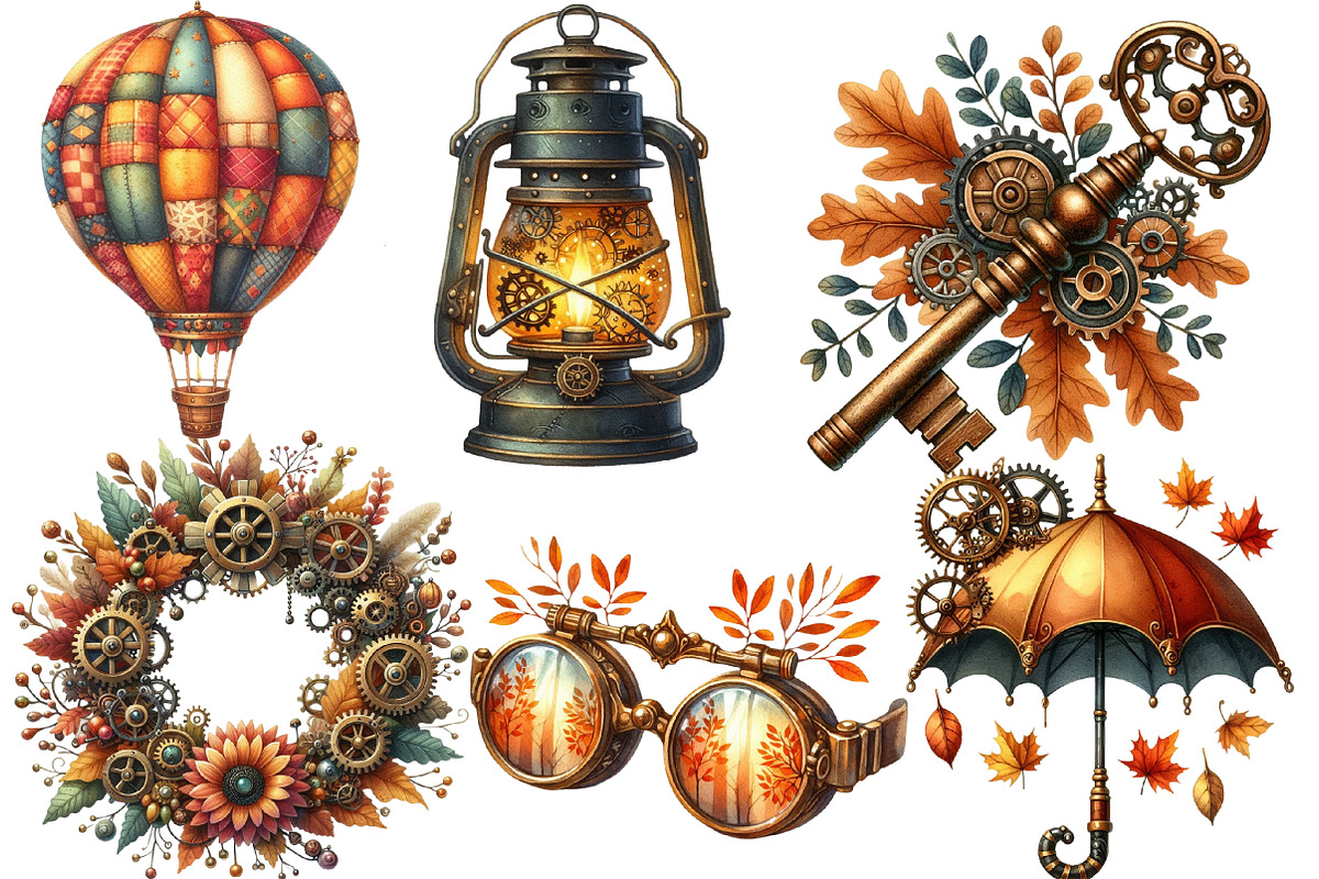 Watercolor Steampunk Autumn Clipart, an Illustration by Designworld (Photo 2 of 6)