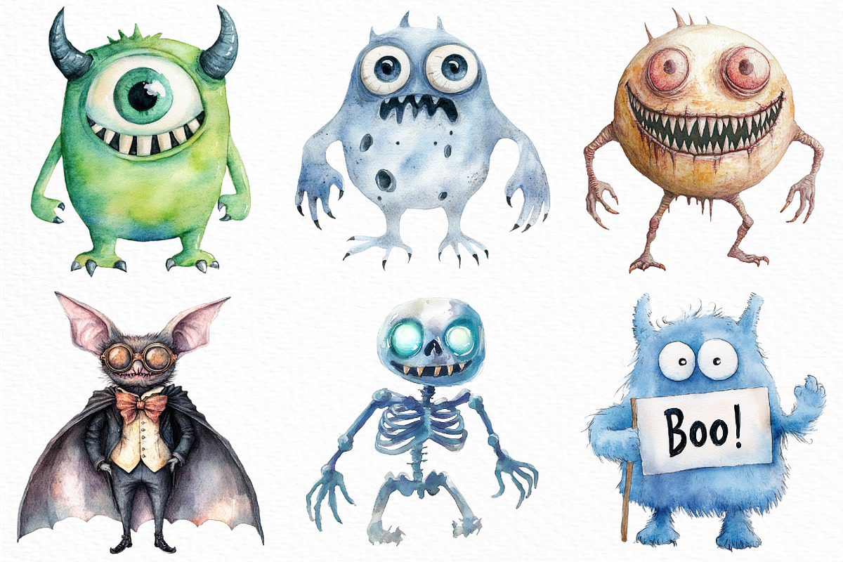 Watercolor Halloween Monster Clipart, an Illustration by Craft Nest (Photo 4 of 6)