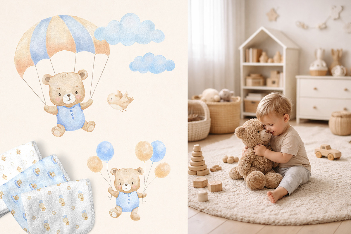 Watercolor teddy bear for nursery, an Animal Illustration by ElenaPlatovaArt (Photo 11 of 12)