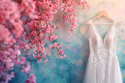 Elegant Wedding Dress Hanging Amid Blooming Pink Flowers on a Dreamy, Ethereal, a Photo by AS photostudio