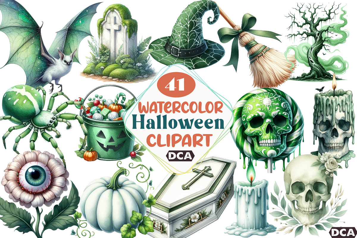 Green & White Halloween Clipart, an Illustration by DreamCafeArt (Photo 1 of 7)