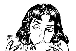 Morning girl coffee tea phone, a Food Illustration by studiostoks