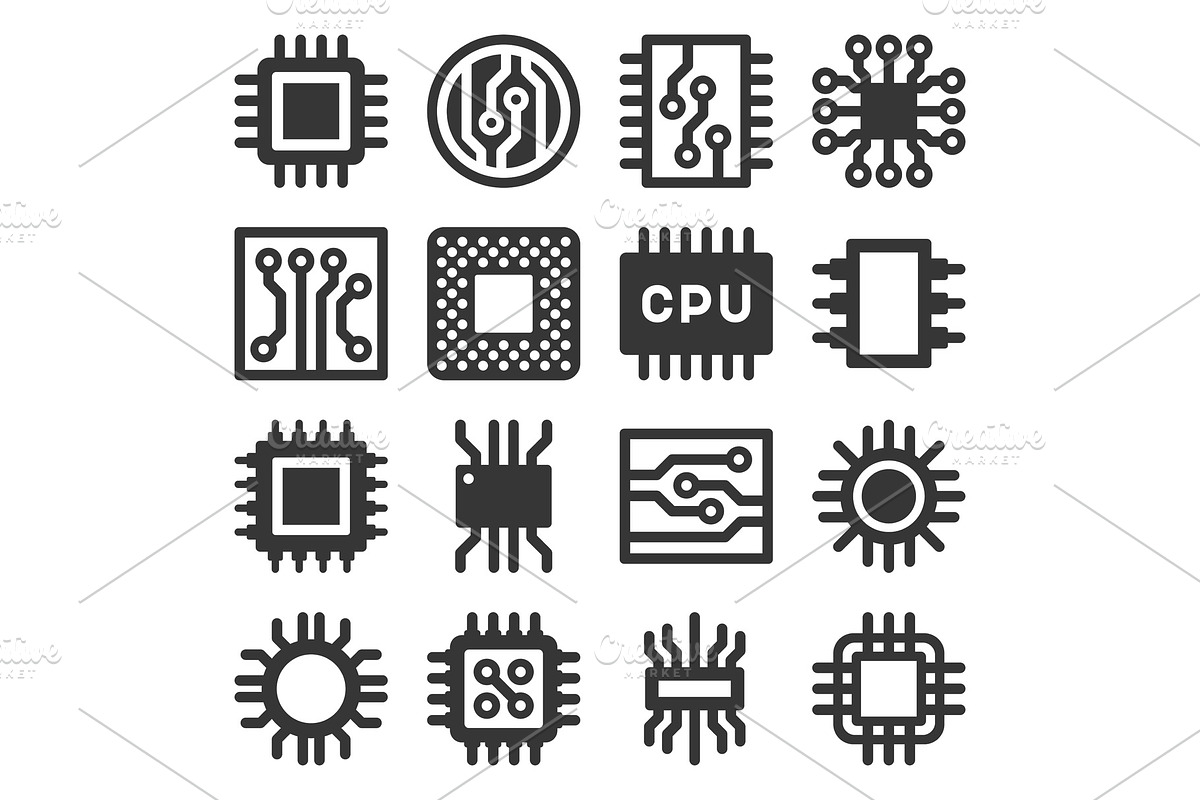 Electronic Computer Chips CPU Icons, a Technology Illustration by ...