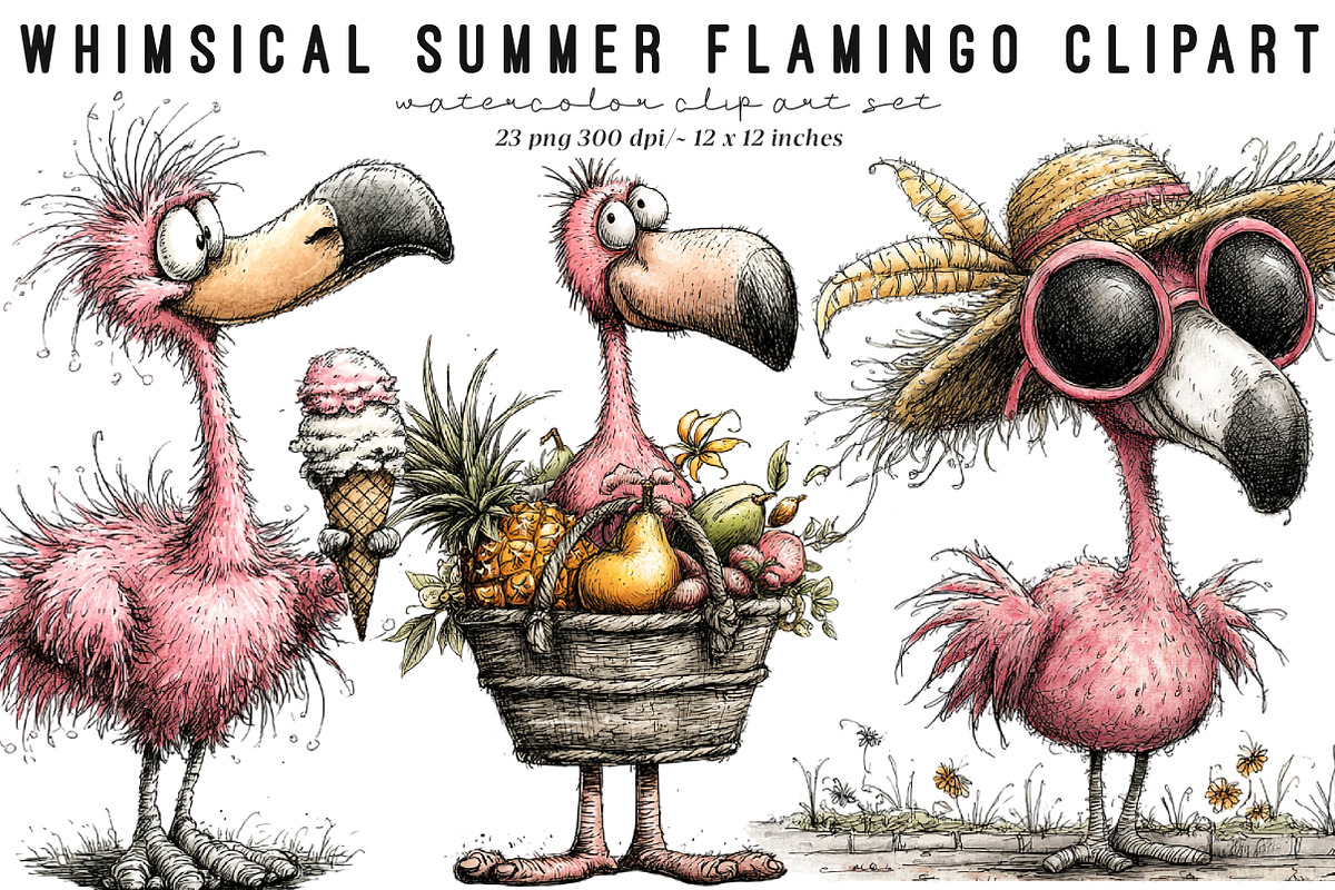 Whimsical Summer Flamingo Clipart, an Illustration by SinaCreation (Photo 1 of 9)