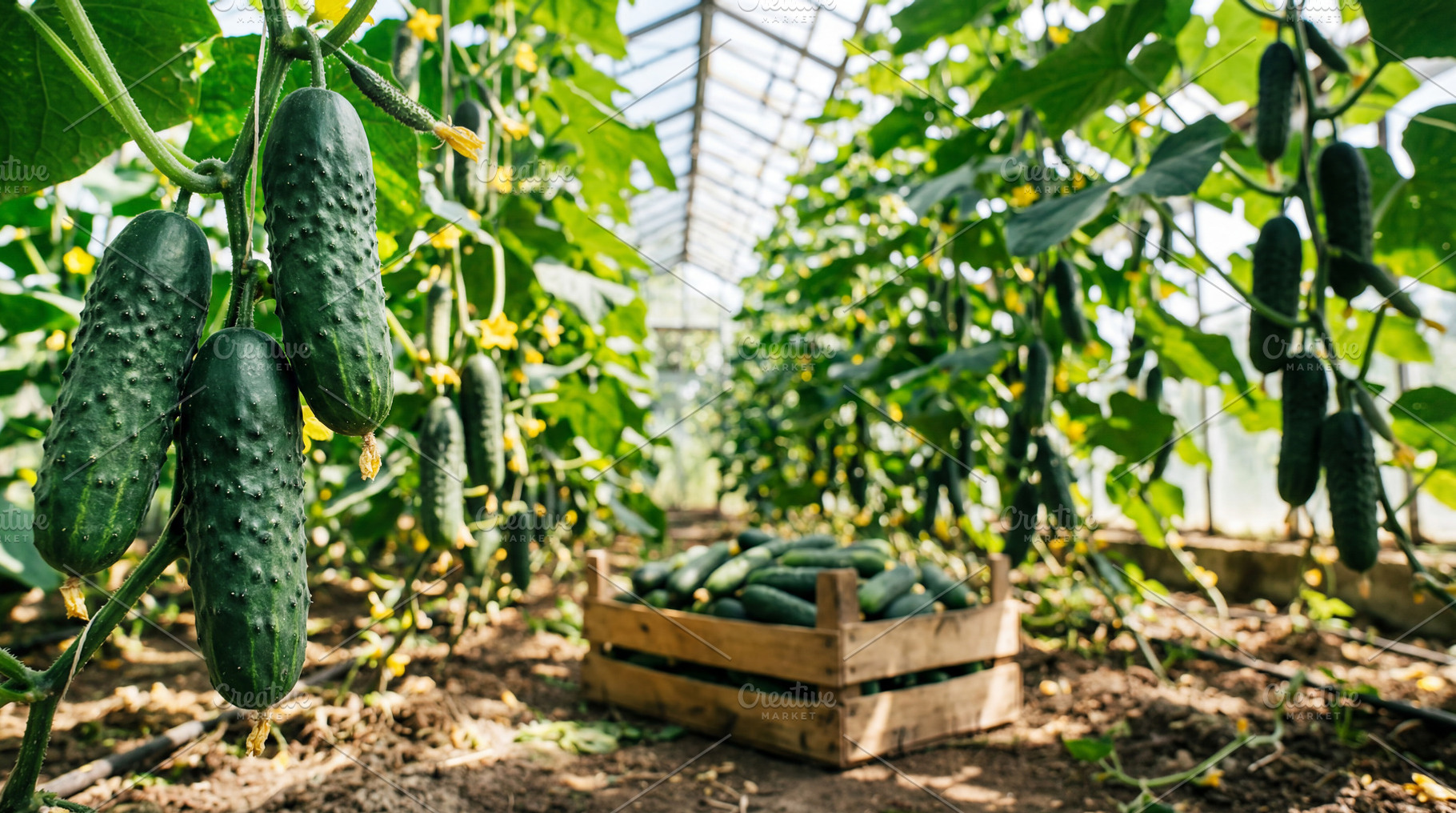 Cucumbers growing on plantation, a Food & Drink Photo by Volff