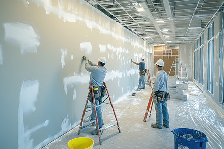 Workers patch drywall in a bright, u, a Background Photo by Pixeness