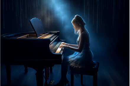 Girl plays piano in light. Generate, a School & Education Photo by Ylivdesign