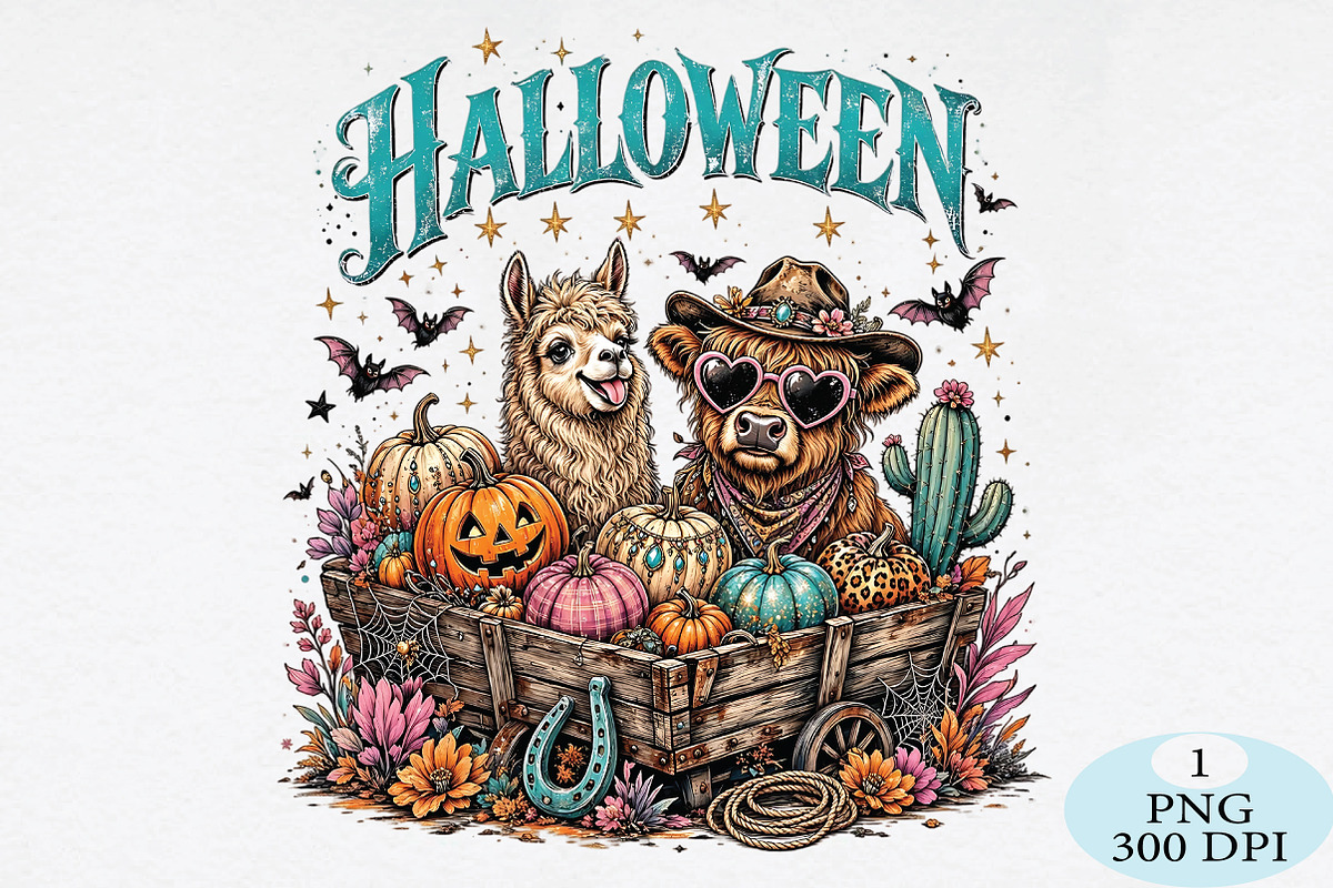 Highland Cow & llama Wagon PNG, a Seasonal Illustration by Daily.Designs (Photo 1 of 5)