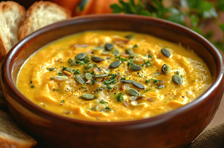 Pumpkin soup with cream and seeds, a Food & Drink Photo by AlyaAnd