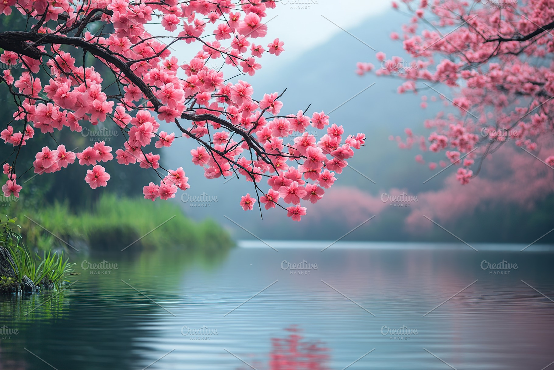 Blossom buds on tree branch on lake background, a Nature Photo by AlyaAnd