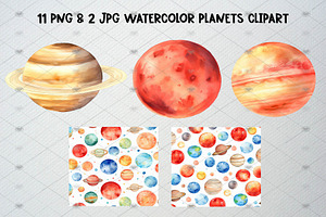 Watercolor Planets Clipart Set